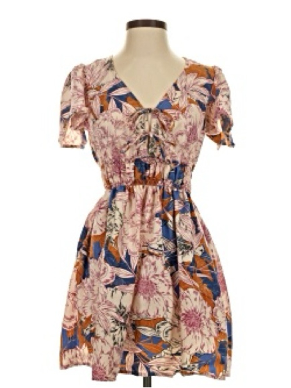 Band of the Free. Floral Tie-Front Shirred Waist Mini Dress. Large.